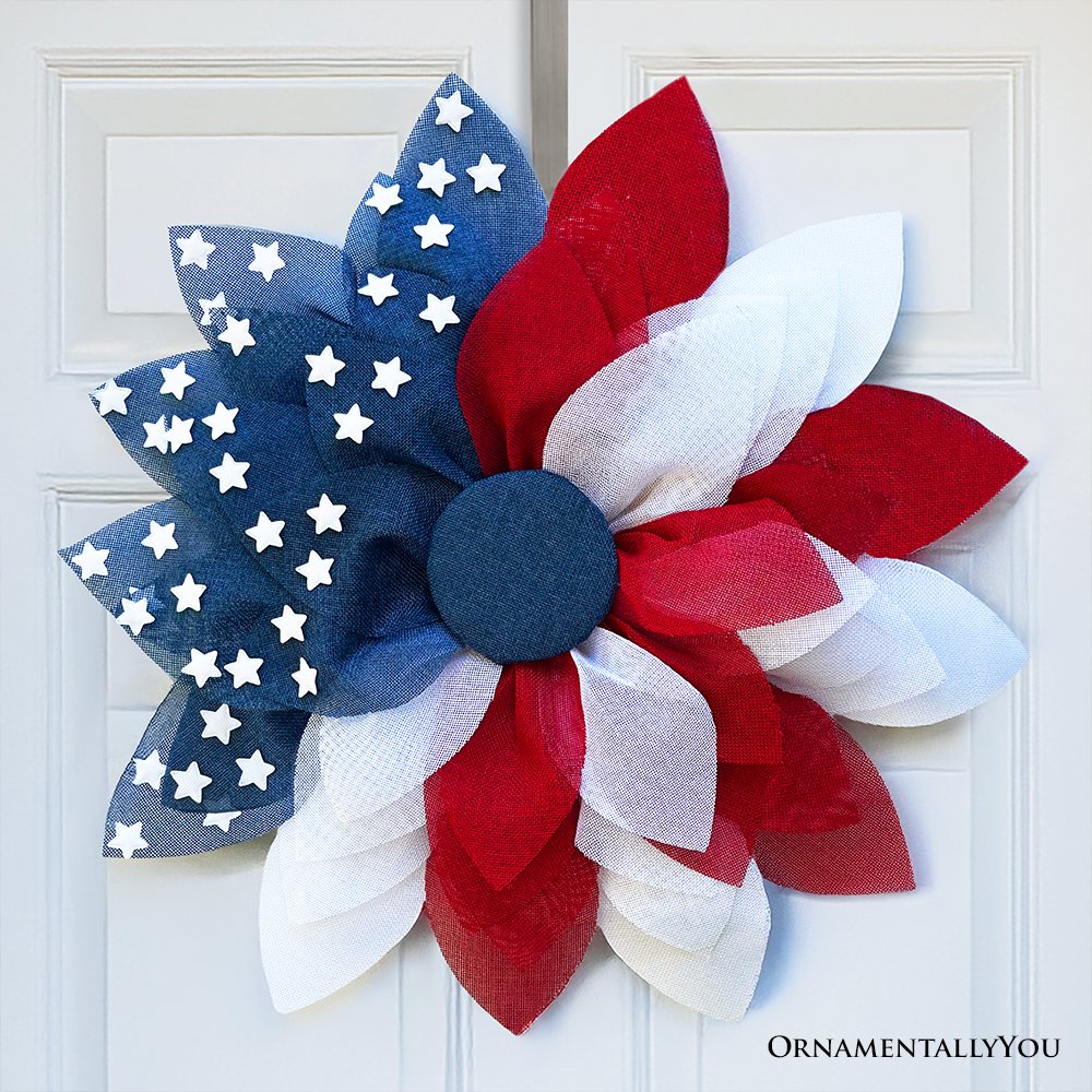 Rustic Burlap Patriotic 22" Wreath, American Flag Style 4th of July Front Door Home Decor
