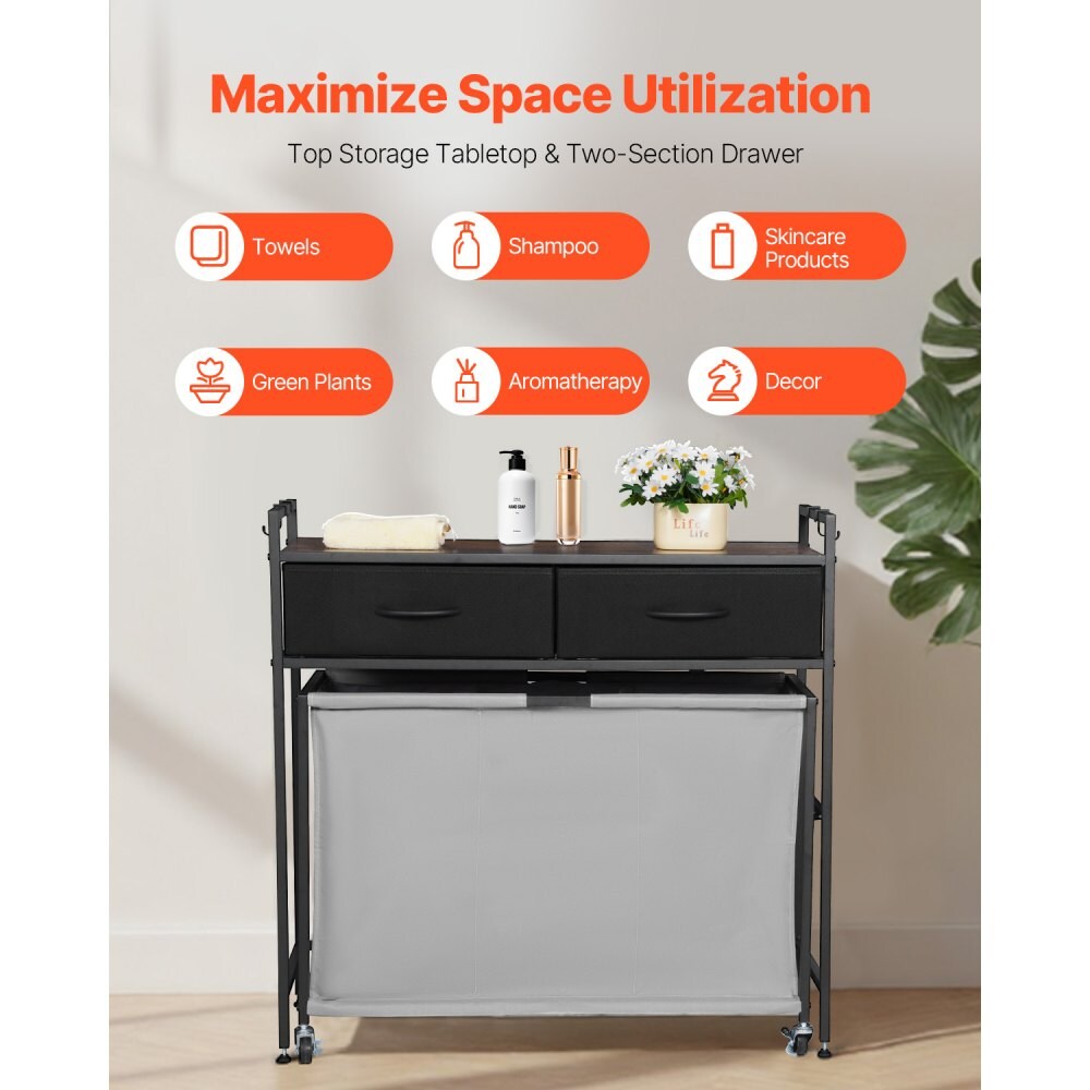 Black-Grey Metal Laundry Hamper with 3 Bags, Drawers and Wheels