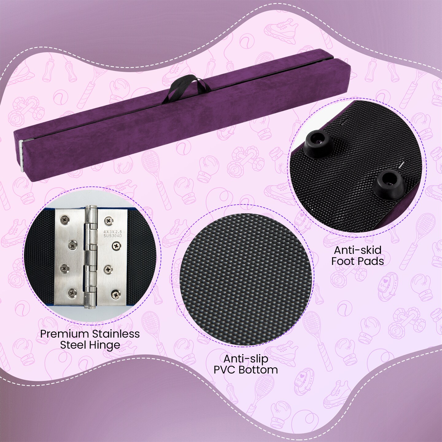 Kids’ Folding Balance Beam Gymnastics Training Bar – 9 ft x 4" Padded Suede Surface with Pine Wood Base