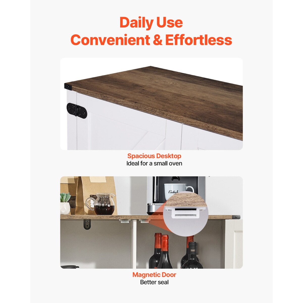 White Farmhouse Coffee Bar Cabinet with 3-Tier Storage and Magnetic Doors