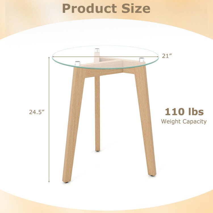 Modern Round End Table with Tempered Glass Top and Rubber Wood Frame for Living Areas