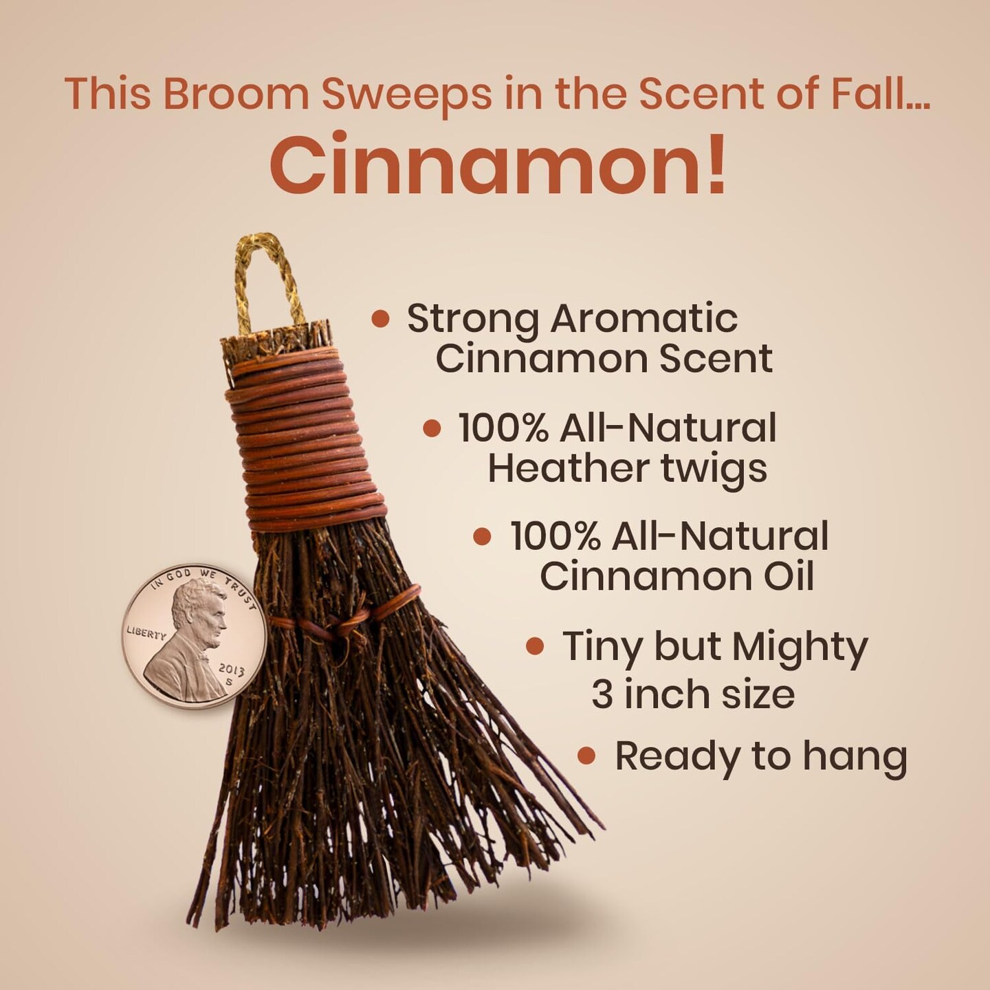 Cinnamon Broom - Cinnamon Scented 3in - Mini Broomsticks - Decorative Witch Broom for Door Protection