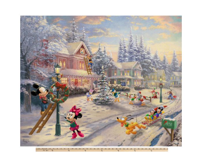 Mickey Minnie Neighborhood Christmas Disney by Thomas Kinkade Licensed by David Textiles Digital Cotton Print Fabric Panel | 100% Cotton | Sold By the Panel