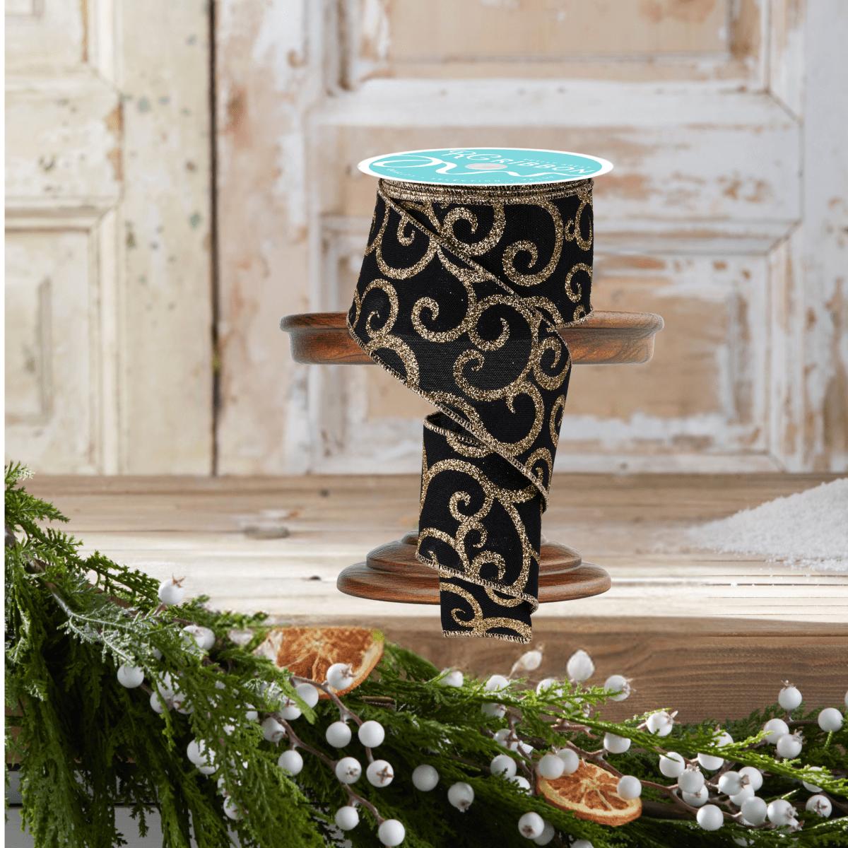 2.5&#x22; Glitter Swirl Ribbon: Black/Gold (10 Yards)