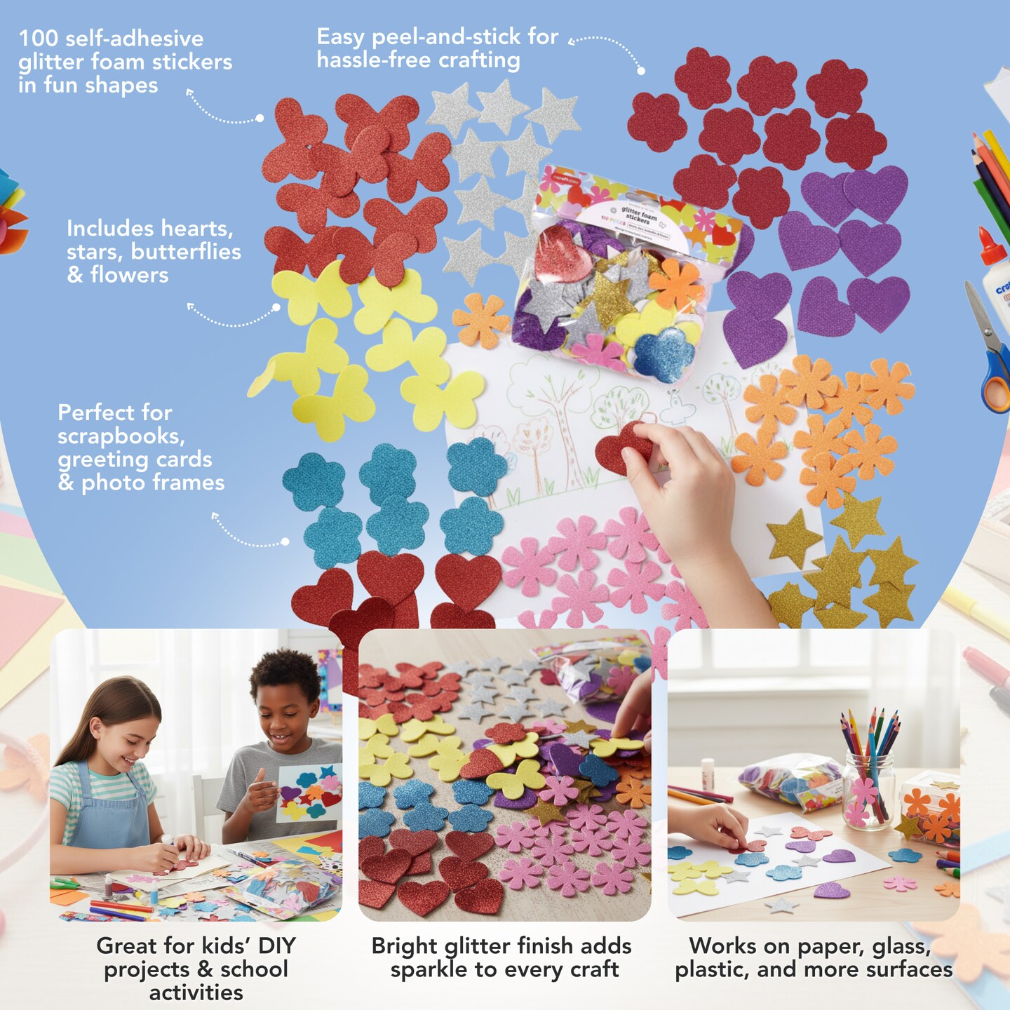 Incraftables Glitter Foam Stickers for Kids Self Adhesive 100pcs. Assorted Foam Flower Stickers, Heart Stickers, Star Glitter Stickers & Butterfly Sparkly Stickers for Arts & Crafts for Kids & Adults