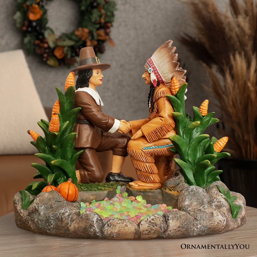 Harvest Harmony Kinship Between Native Americans and Pilgrims Figurine, 6" Fall Decor and Thanksgiving Statue
