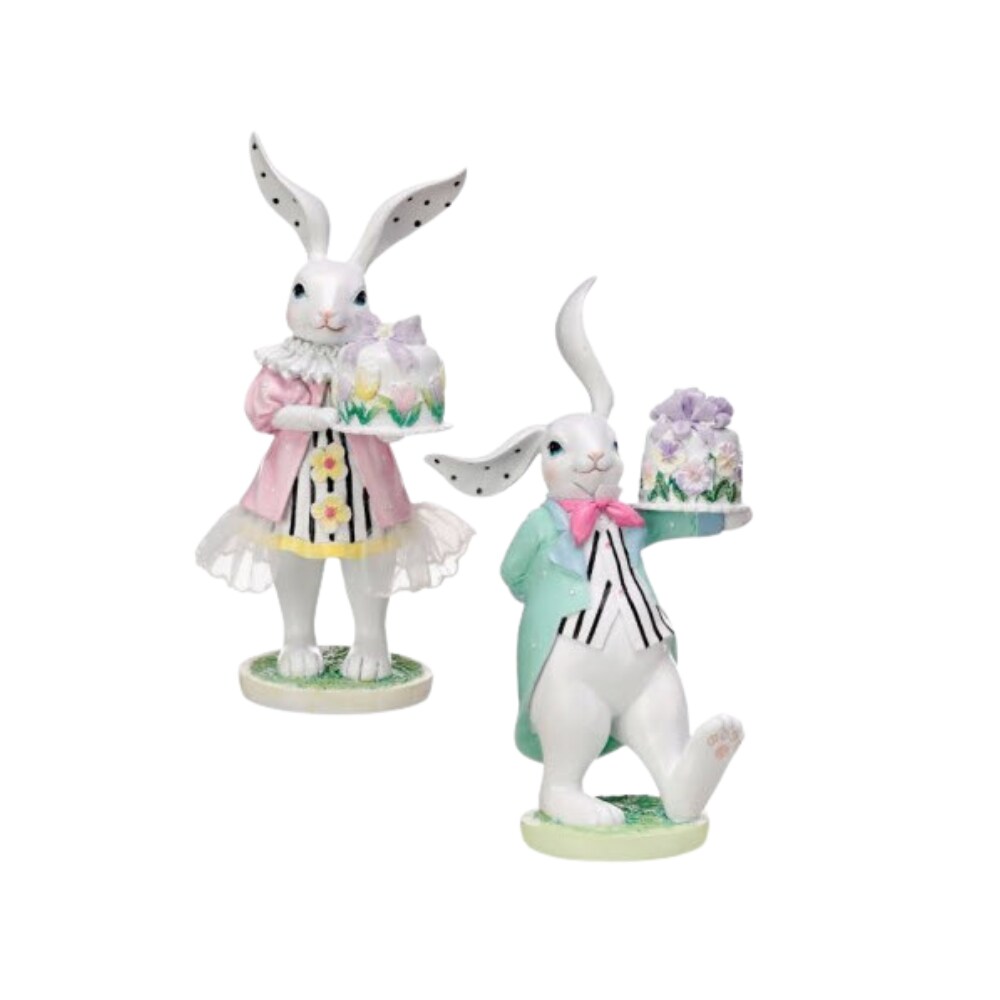 Set of 9" Resin Bunnies with Mini Cake - Boy and Girl - White & Pastel Easter Decor - Spring table decorations (MT25740)