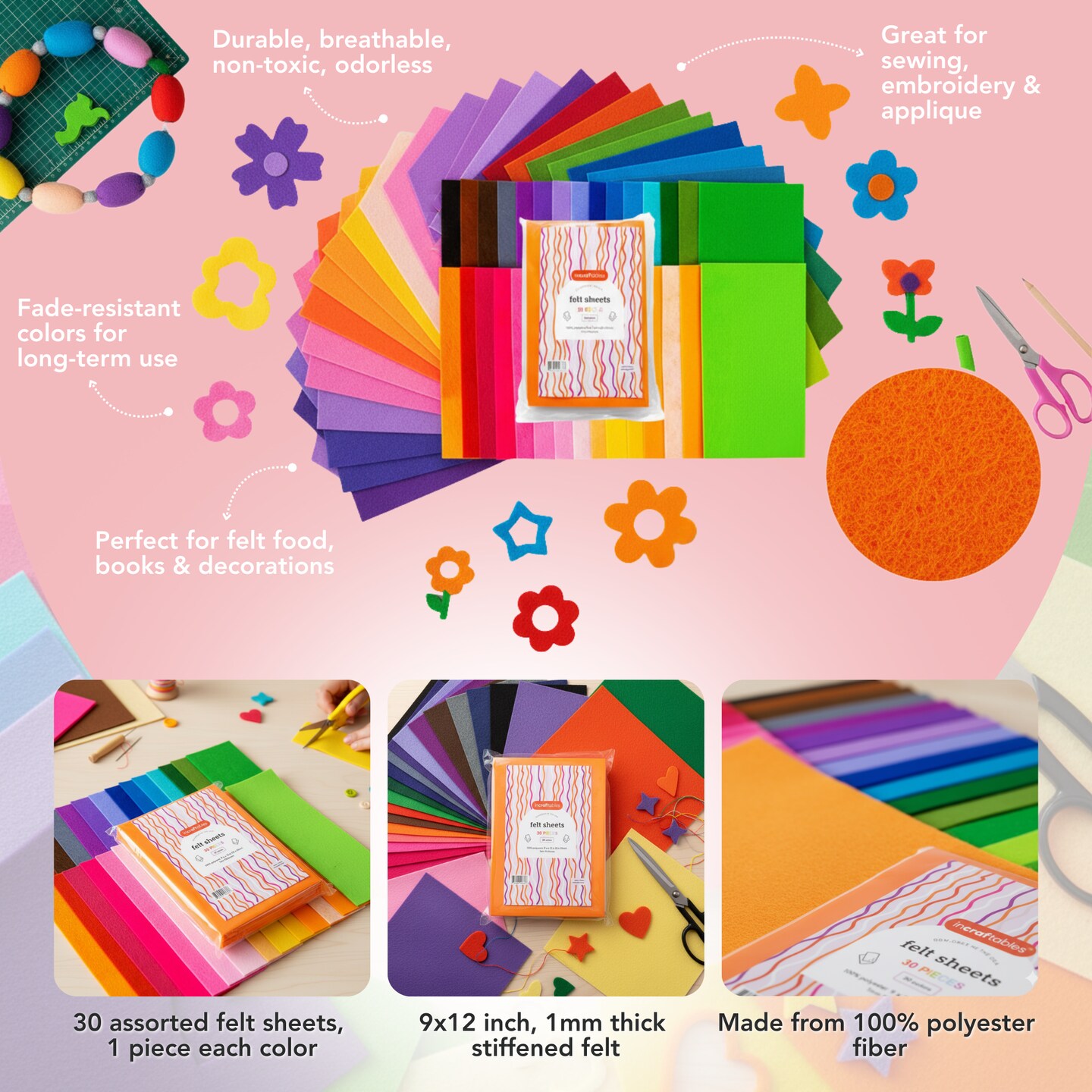 Incraftables Felt Sheets for Crafts (30 pieces). Best Colored Felt Fabric Sheets (1mm Thick). Assorted Stiff Felt Sheets Paper Pack of 30 Colors (9” x 12”) for DIY Decorations & Sewing Projects