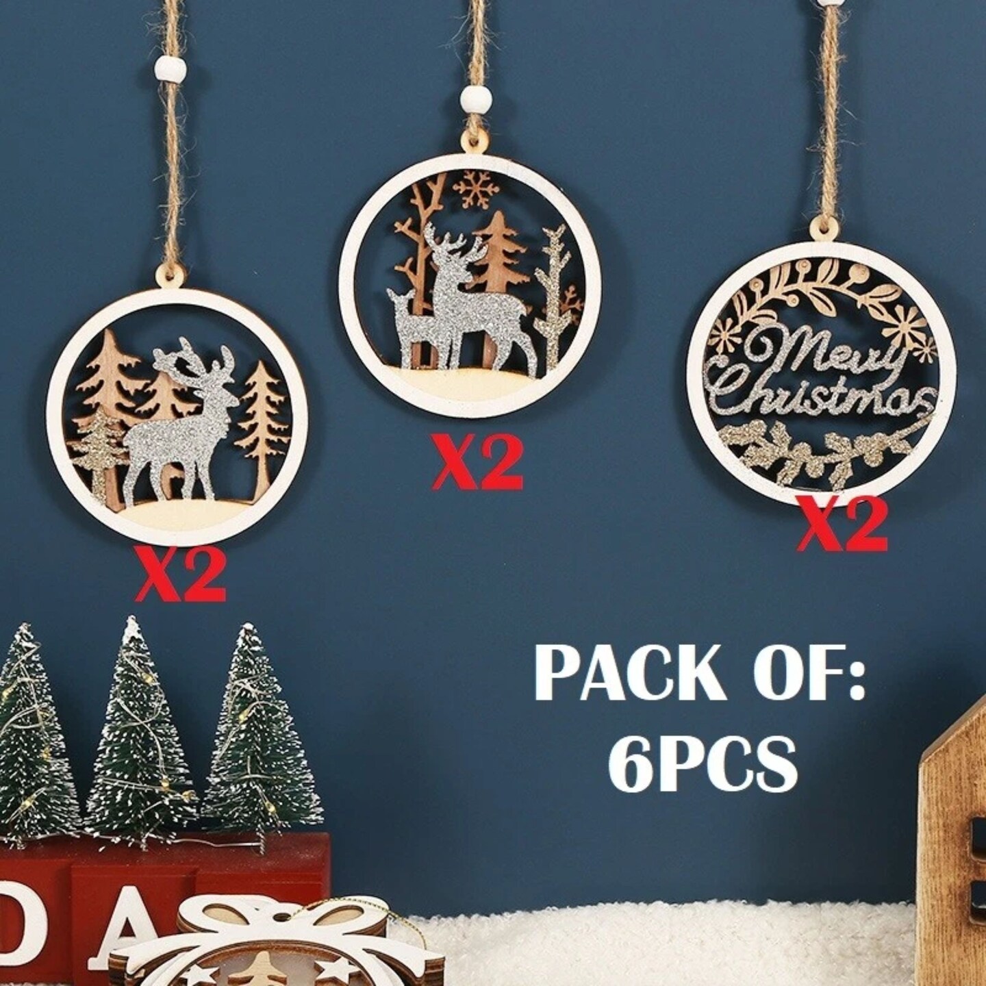 Kitcheniva Christmas 3D Glitter Reindeer Wooden Ornaments 3 - 6 Pcs