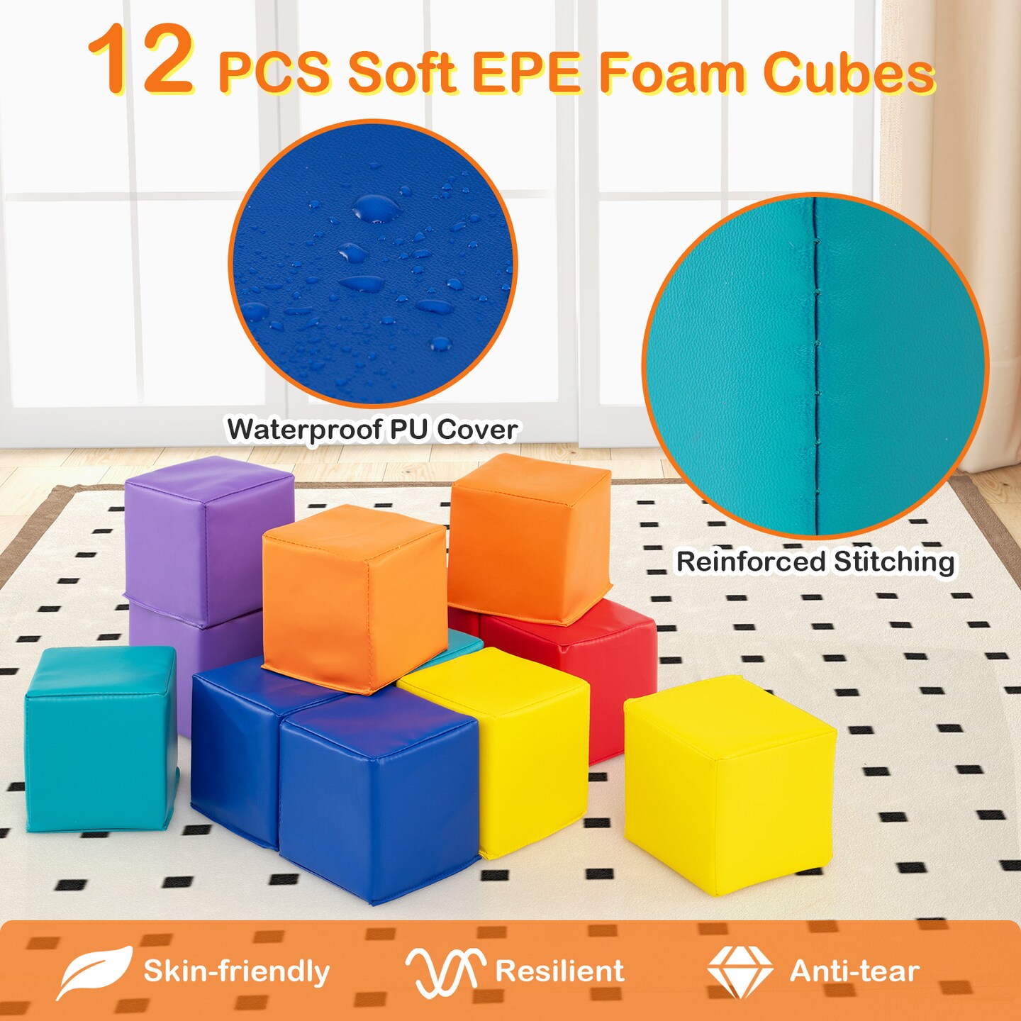 12-Piece Soft PU Foam Cube Blocks Stacking Crawling and Playroom Fun for Kids