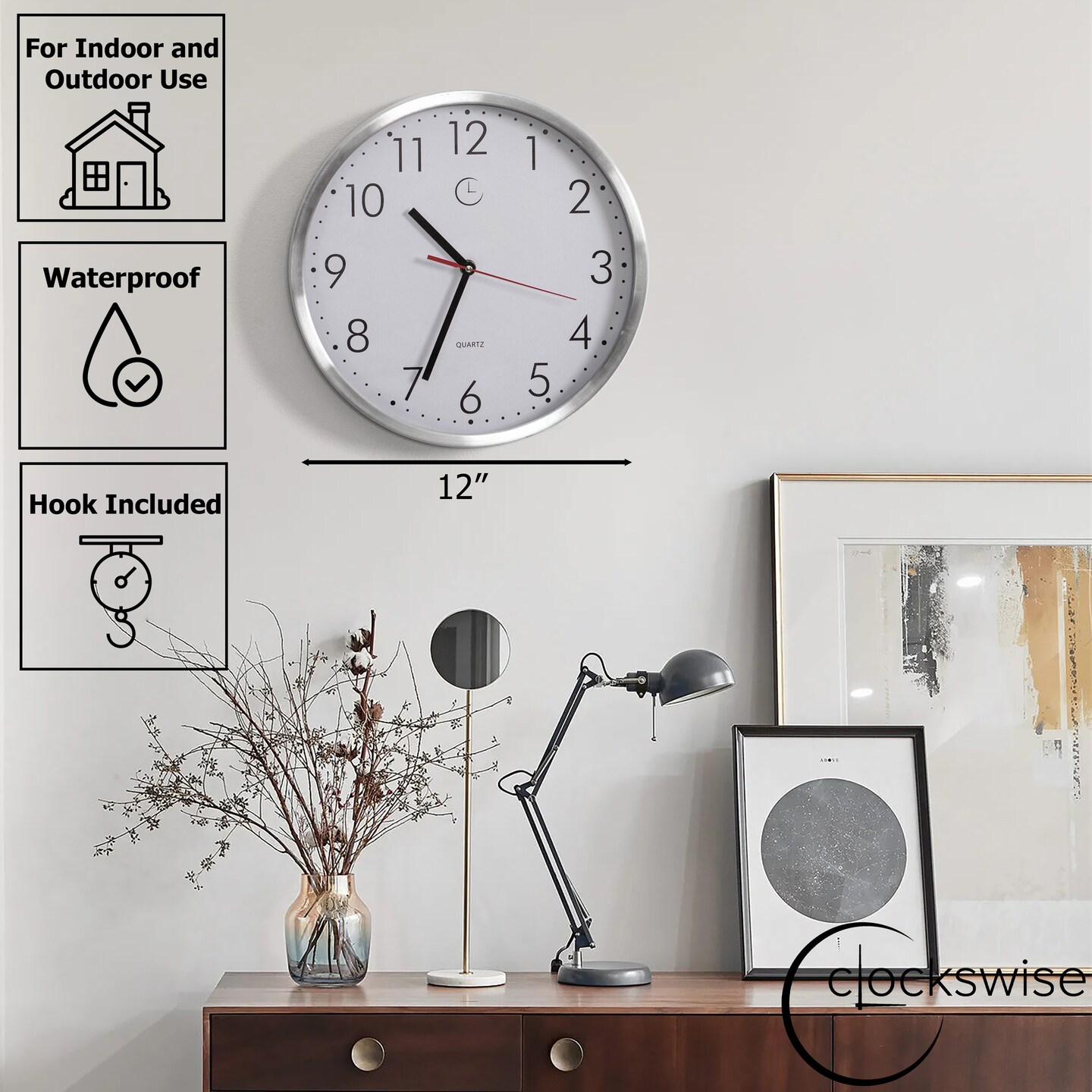 Clockswise 12" Waterproof Aluminum Wall Clock Battery Operated Precision Quartz Movement Weather Resistant Metal Frame for Indoor Outdoor Bathroom Kitchen Patio Garden Living Room Office & Home Décor
