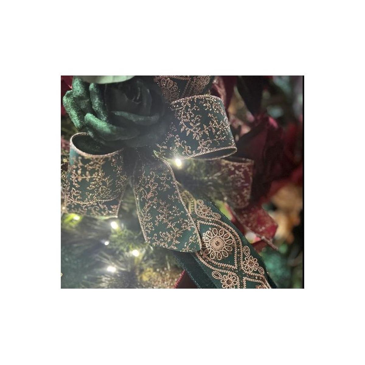 2.5&#x22; Glitter Mini Leaf Vines Ribbon: Hunter Green/Gold (10 Yards)