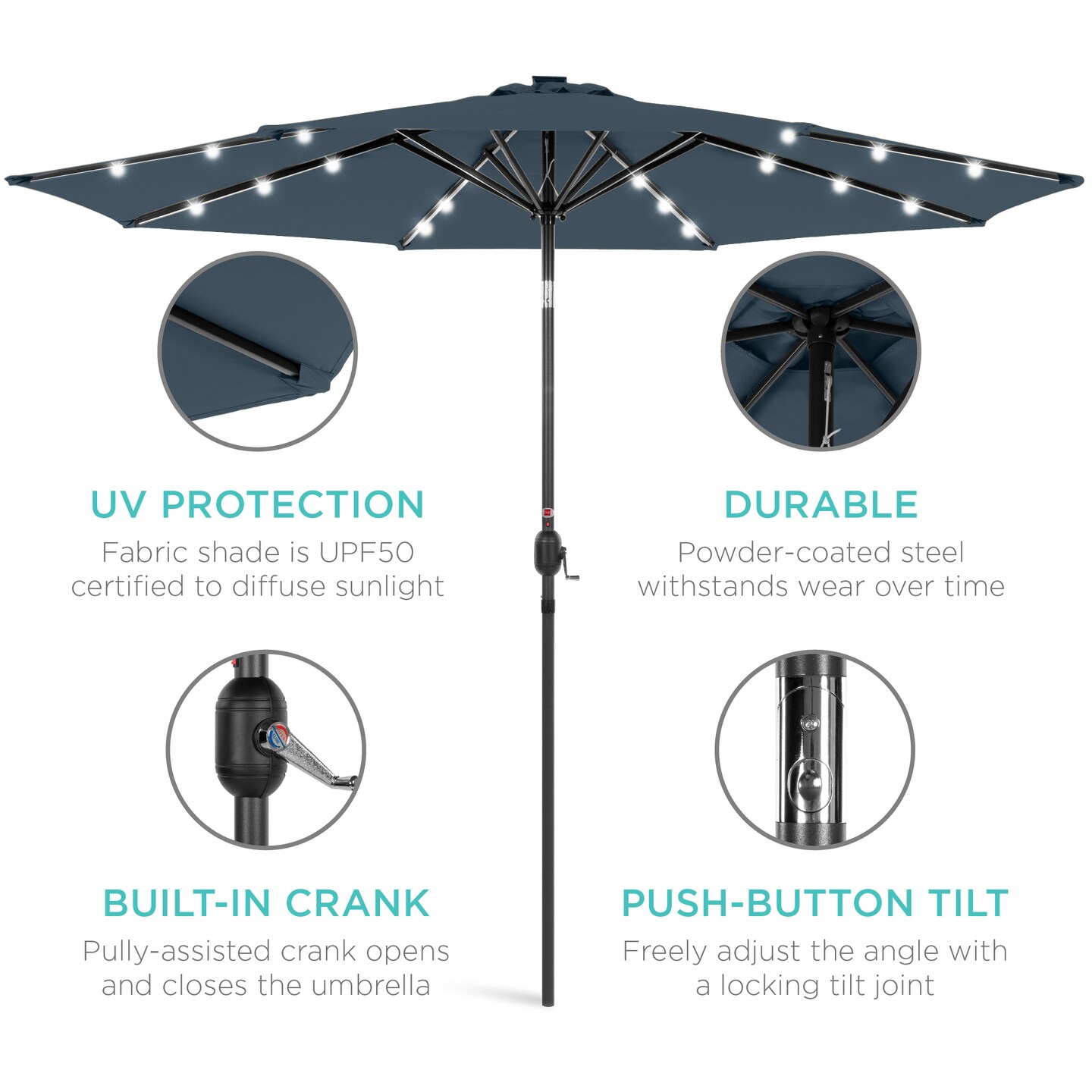 Best Choice Products 10ft Solar LED Lighted Patio Umbrella w/ Tilt Adjustment, UV-Resistant Fabric