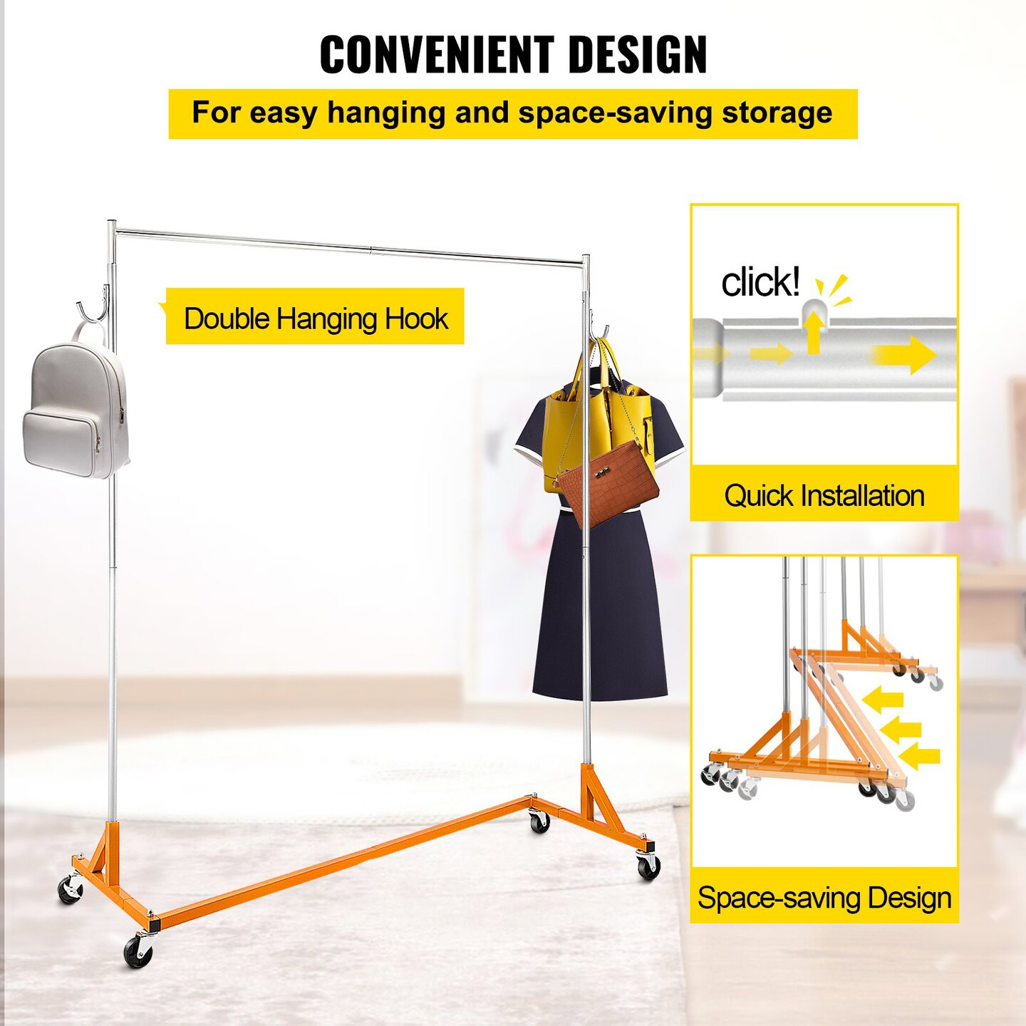 Rolling Z-Base Garment Rack with Single Hang Rail and Swivel Casters Stainless Steel Clothes Organizer Heavy Duty