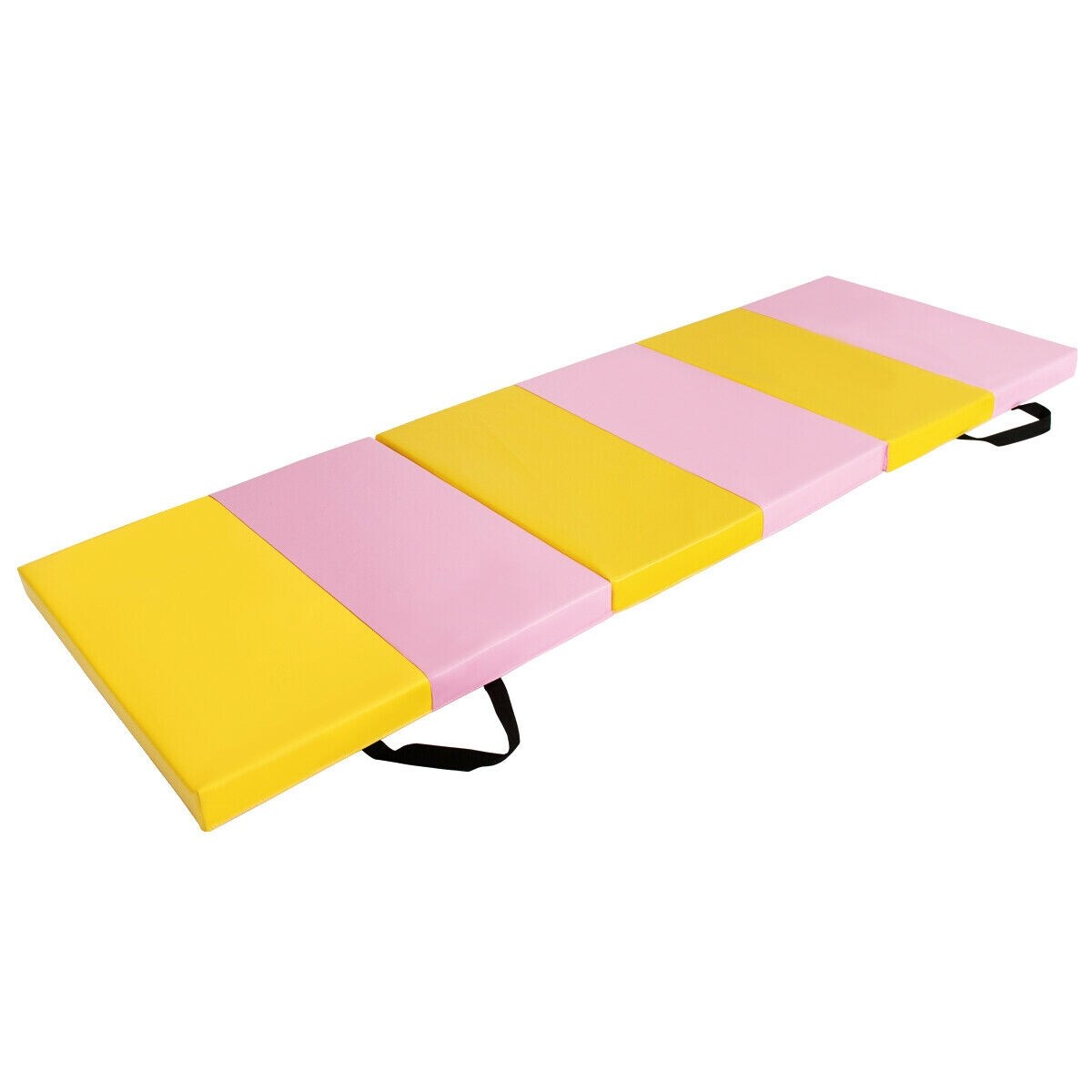 Pink-Yellow PU Foam Folding Gymnastics Mat with Handles and Non-Slip Surface