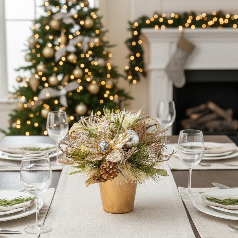 Champagne Gold Poinsettia Centerpiece w/pot - Handcrafted Christmas Decorations - Holiday Tree
