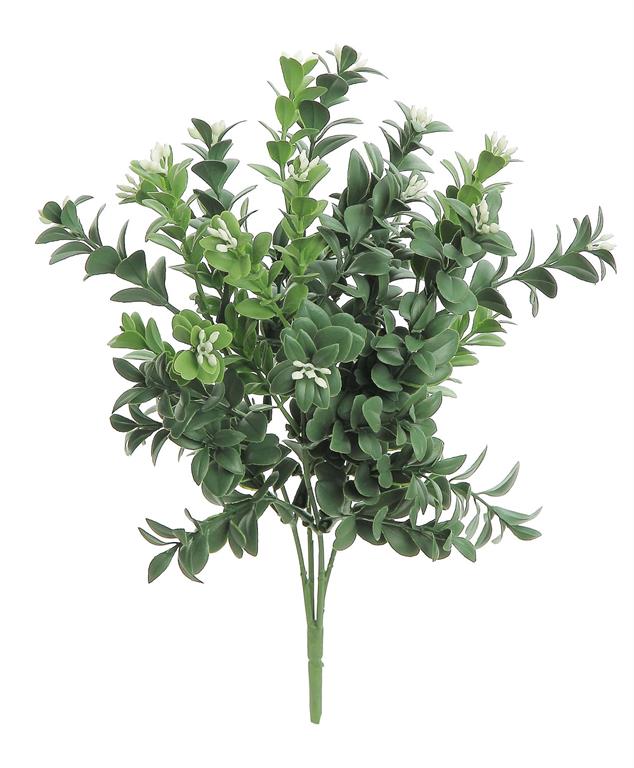 TCT Crafts Artificial 11.75" Green/White Boxwood Bush with Flowers - UV & Fire Retardant - Craft and Home Decor Supply - FL5248-GW