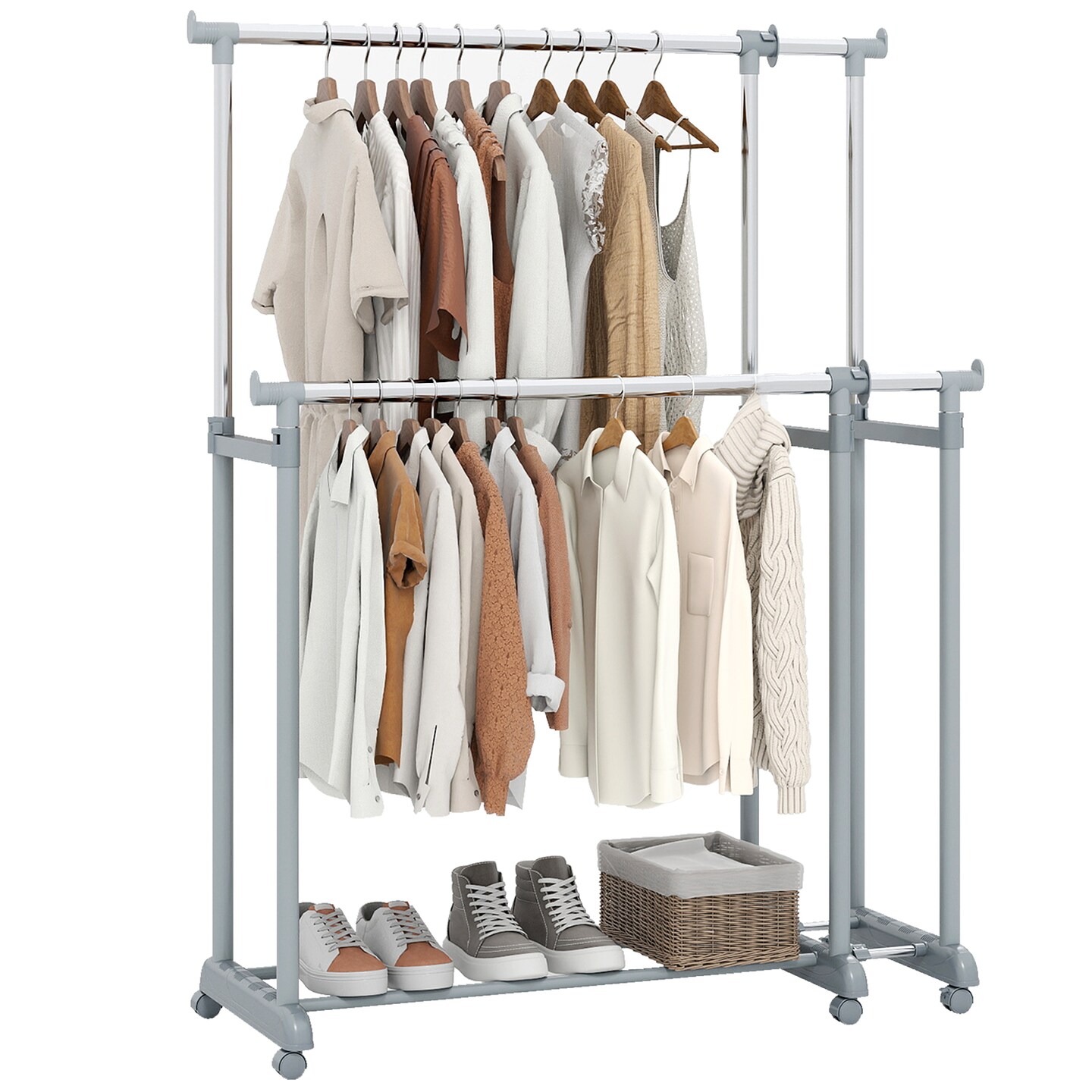 Silver Metal Adjustable Double Rod Clothes Rack with Wheels and Bottom Bars