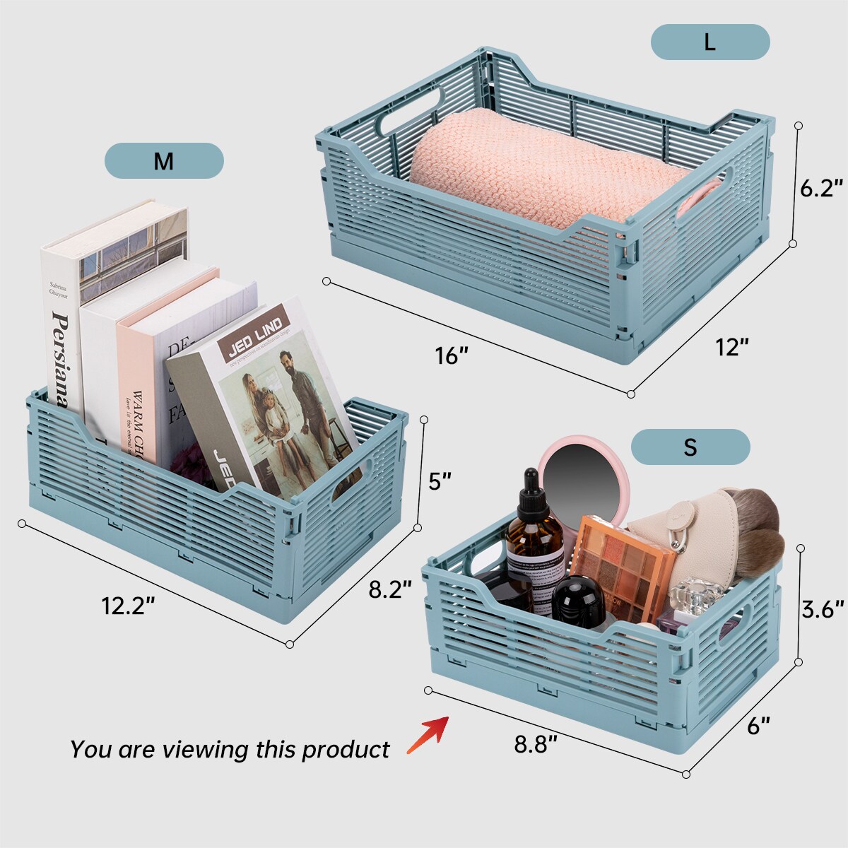 VUSIGN Medium Blue Collapsible Storage Crates – 12.2″×8.2″×5″ Fold-Flat Plastic Bins, 4-Pack for Home & Office Organization