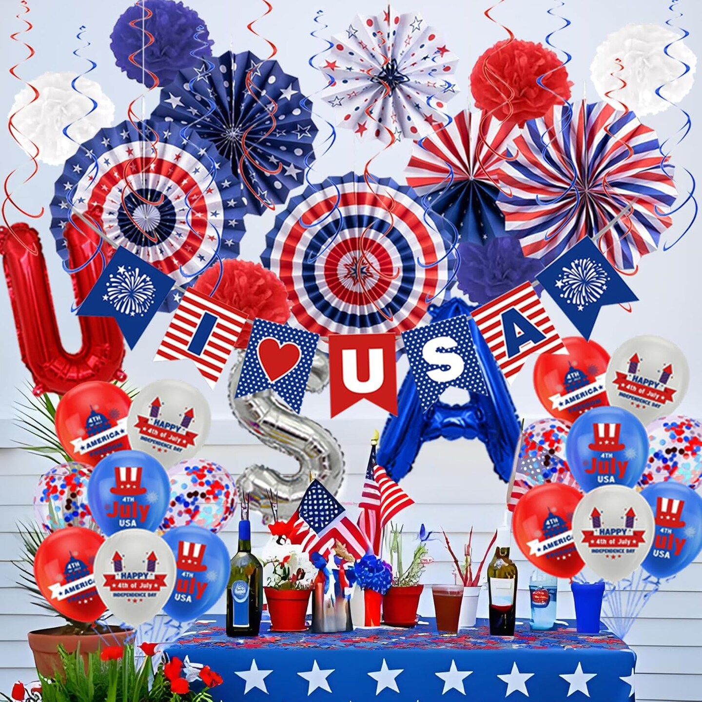 59 Pieces of July 4th Decoration Independence Day Patriotic Decoration Set - Fourth of July Red White Blue Paper American Flag Fans Star Ribbon Commemorative Veterans Labor Presidential Flag Day