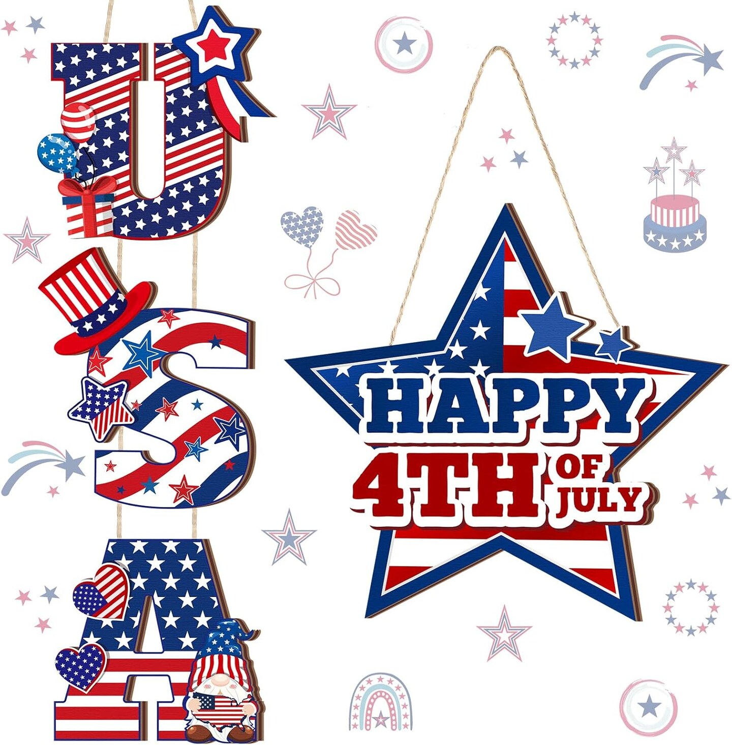 2 Pcs 250th Anniversary Patriotic Door Signs - USA Semiquincentennial Wood Wreath Decor for Front Porch - 12" Round Red White & Blue Hanging Signs for 4th of July, Memorial Day & Independence Day