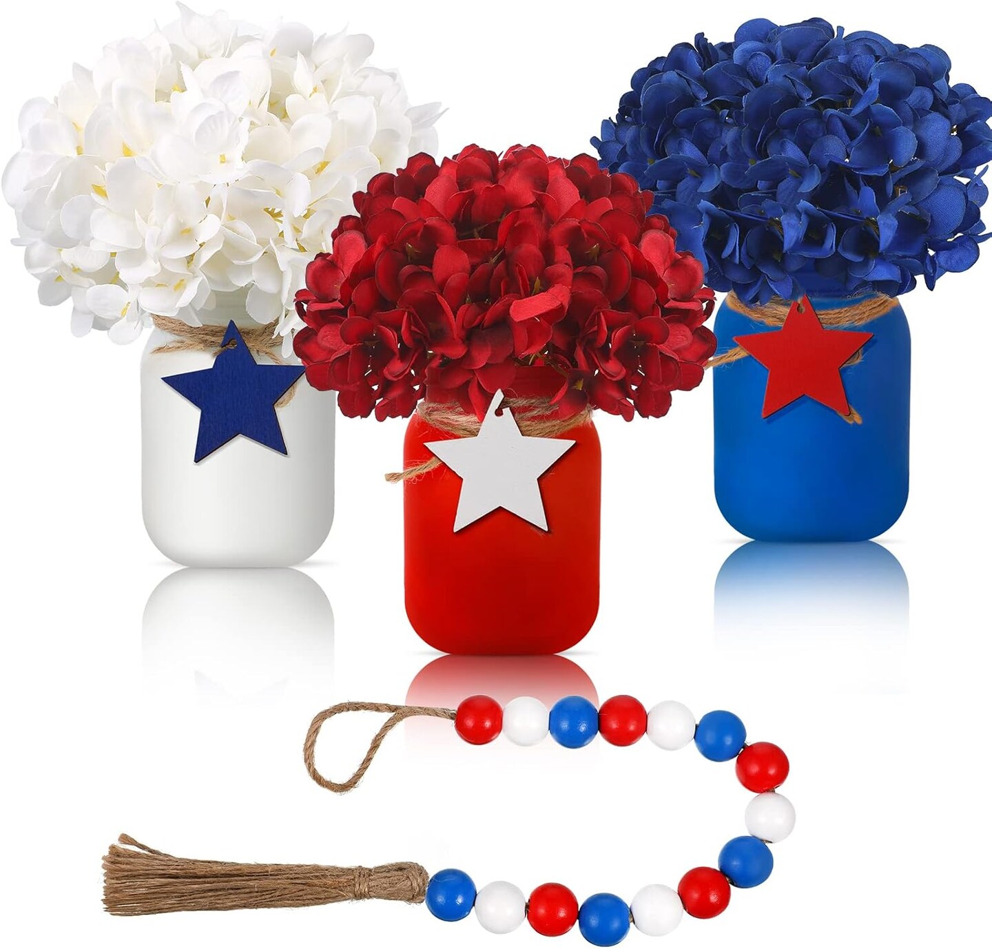 250th Anniversary Patriotic Table Centerpiece - 13 Pcs 4th of July Mason Jar Decor with Artificial Flowers & Star Garland - 1776-2026 USA Memorial Day & Independence Day Party Decorations