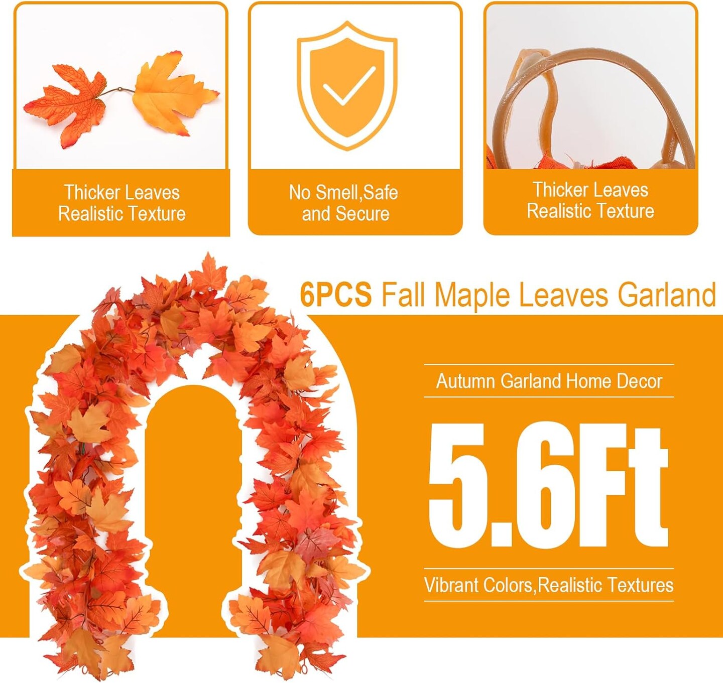 6 Pack Fall Decor - Maple Leaf Garland, Autumn Leaves Hanging Vine for Porch, Mantle, Fireplace, Front Door