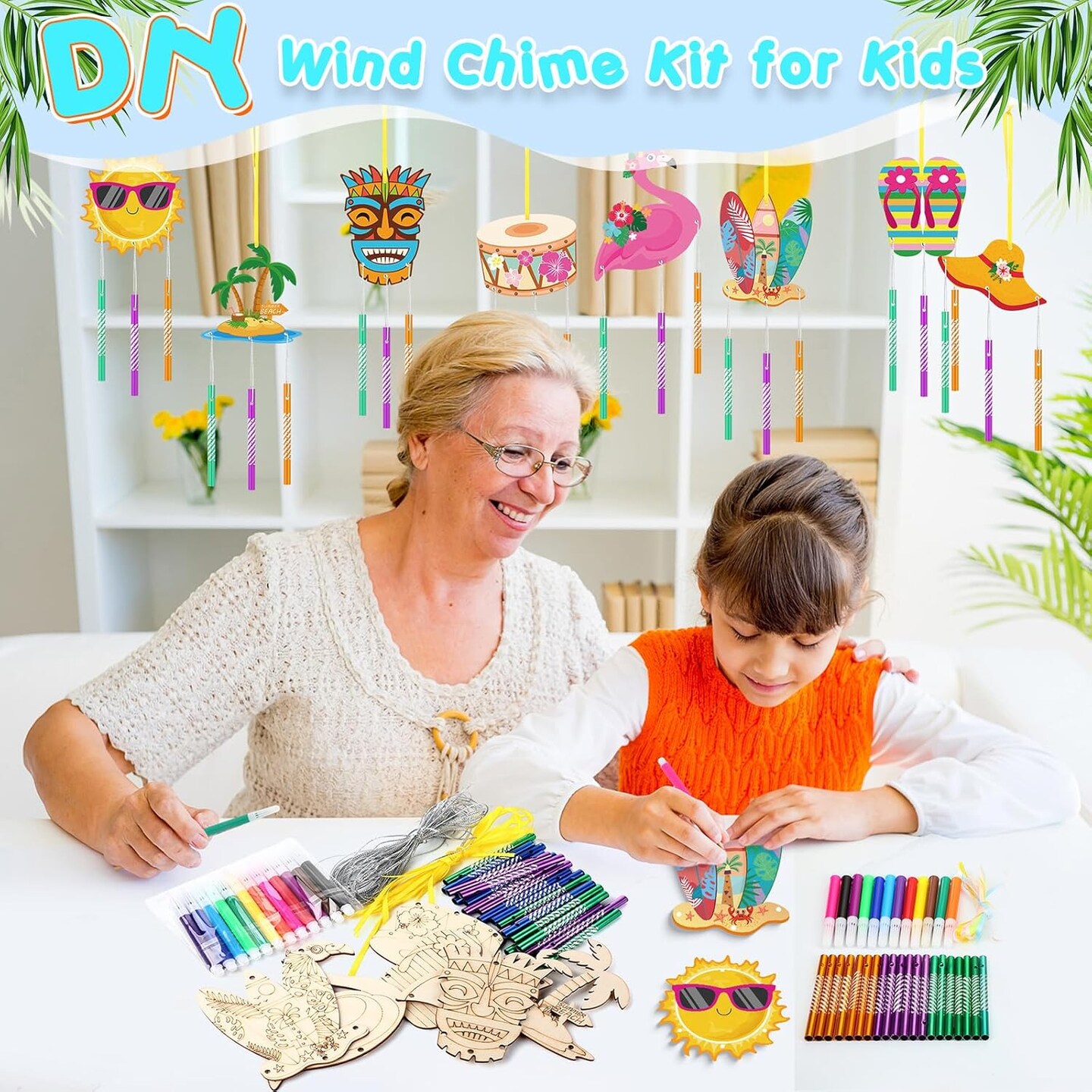 16 Pack Summer Wind Chime Kit Hawaii Craft Make Your Own Flamingos Tiki Surfboard Wind Chime DIY Wooden