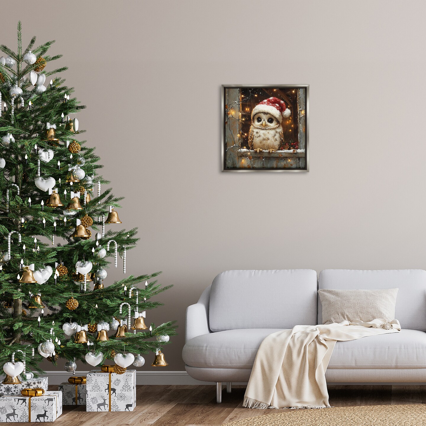 Stupell Industries Festive Owl with Holiday Lights Floating Frame Design by Riley B