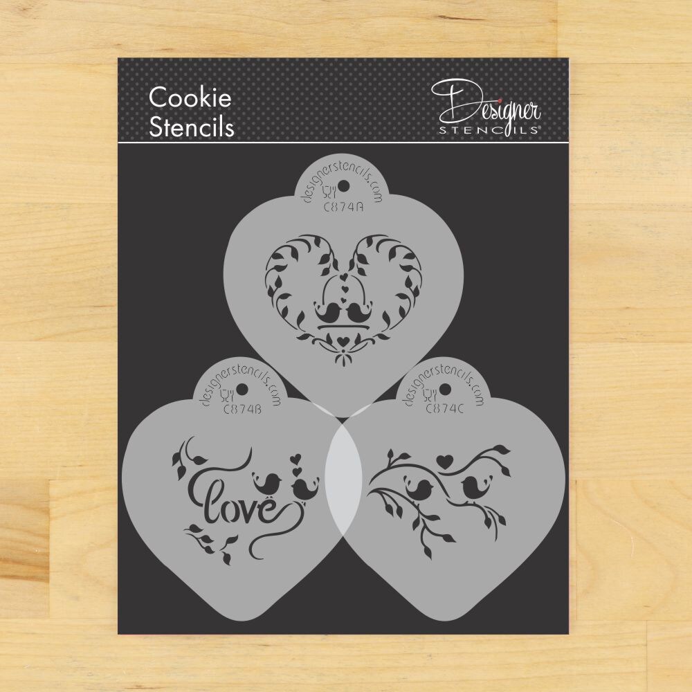 Love Birds Heart Cookie Stencil Set | C874 by Designer Stencils | Cookie Decorating Tools | Baking Stencils for Royal Icing, Airbrush, Dusting Powder | Reusable Plastic Food Grade Stencil for Cookies | Easy to Use & Clean Cookie Stencil