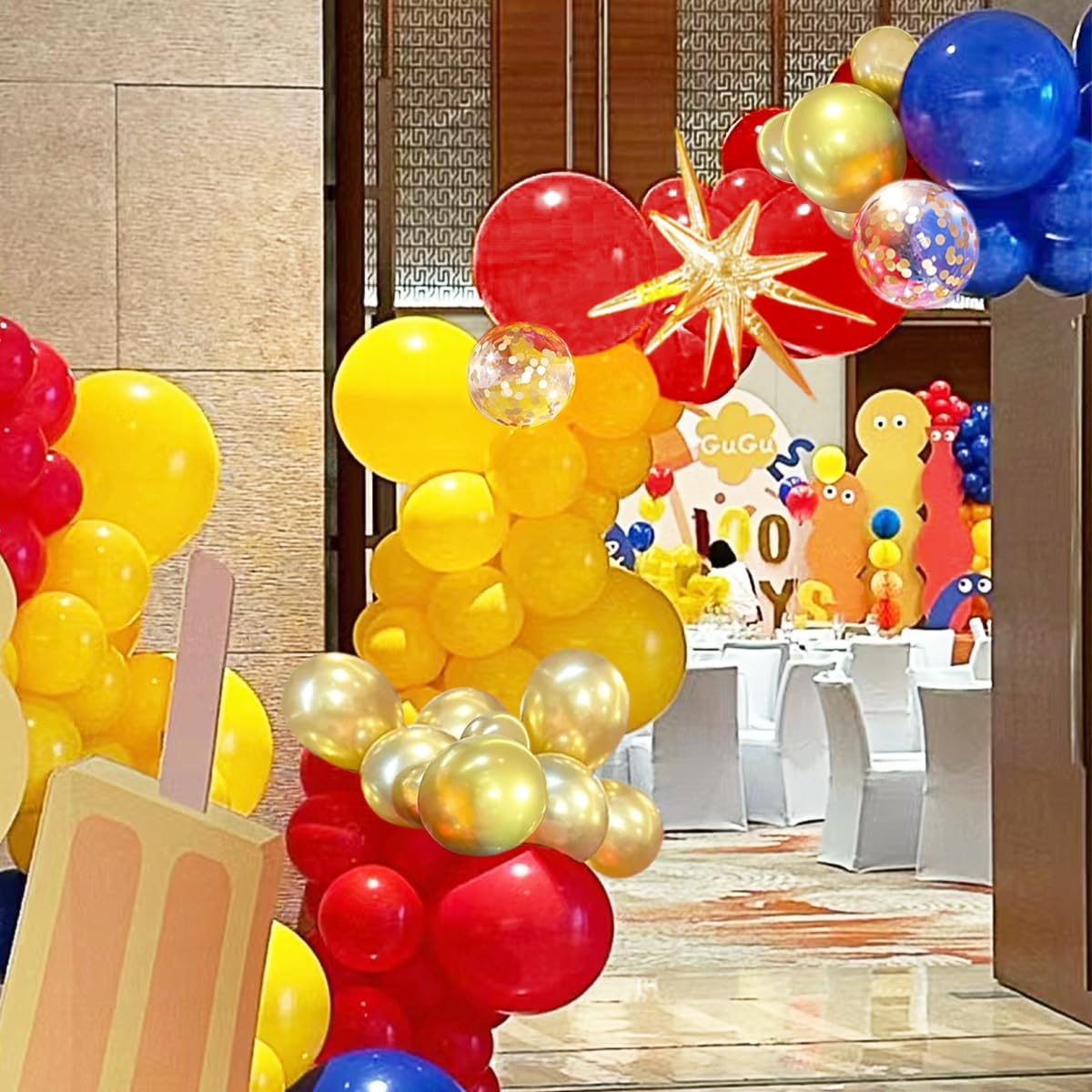 Blue Yellow Red and Gold Balloon Arch Kit, 156Pcs Latex Baloons Garland with 4D Star Balloons