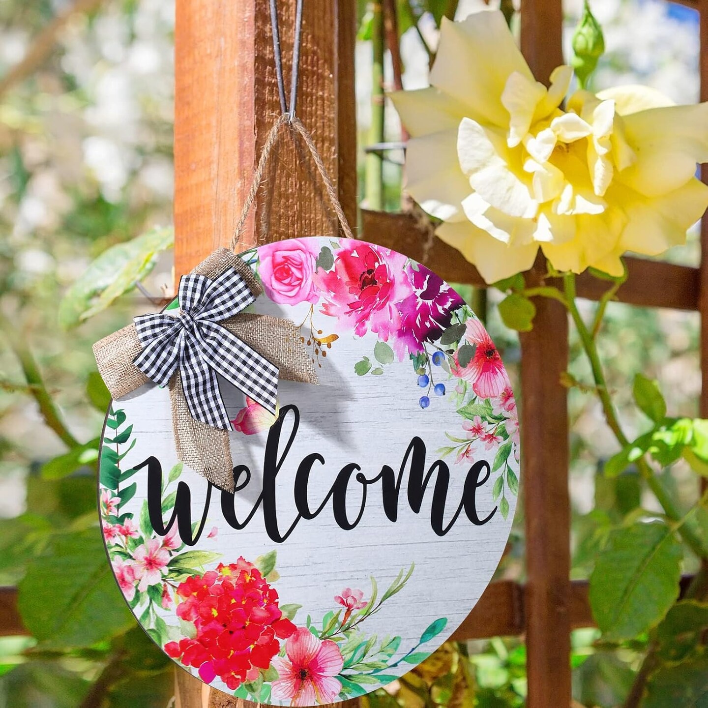 Welcome Signs for Front Door Decoration Farmhouse Wreaths Door Hanger Rustic Wooden Welcome Flower Hanging Door Wall Sign Decor for Seasons Holiday