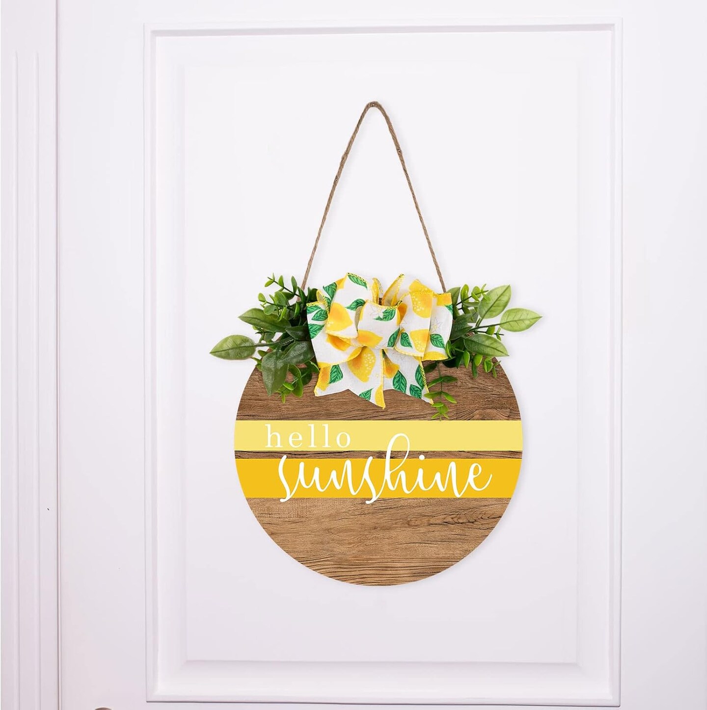 Hello Sunshine Wooden Hanging Sign Summer Welcome Sign Front Door Decor with Lemon Bowknot Rustic Farmhouse Wood Sign Door Hanger for Spring Summer Holiday Home Office Shop Window Wedding