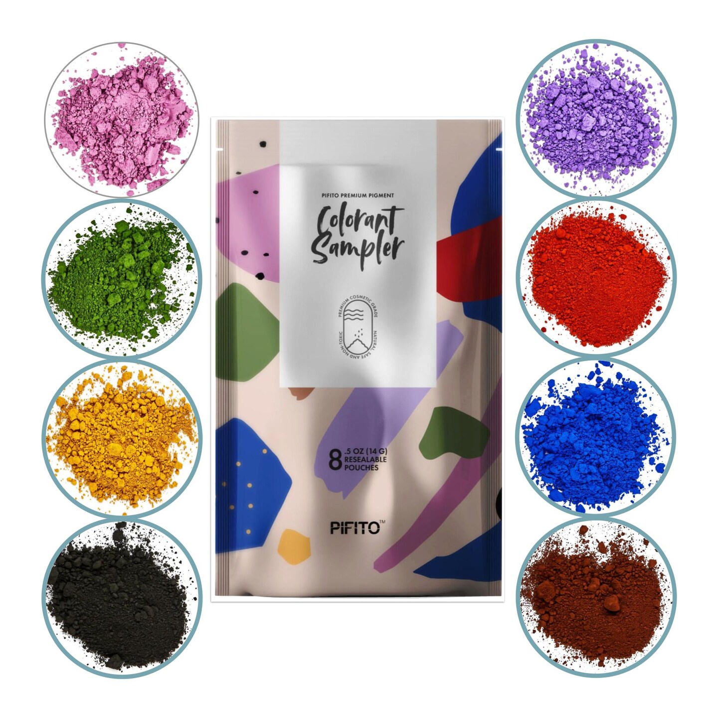 Pifito Oxide Pigment Colorants Sampler &#x2502; 8 Beautiful Colors for Soap Making Supplies, Bath Bombs (.25 oz ea) &#x2502; Red, Blue, Yellow, Pink, Green, Brown, Black, Violet