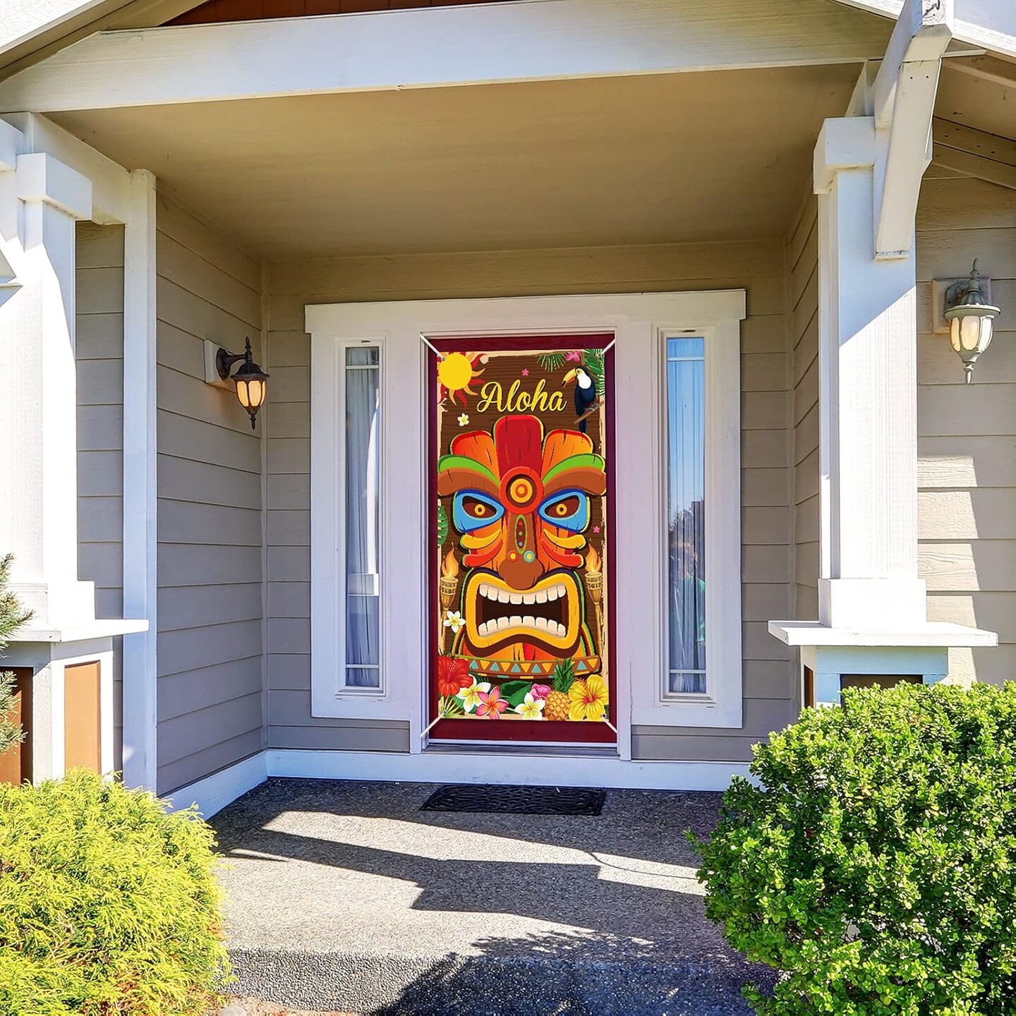 Aloha Door Cover Tiki Wall Hanging Decor for Summer Aloha Luau Party Front Door Banner Porch Sign for Indoor Outdoor Decorations Hawaiian Luau Party Supplies Photo Backdrop, 35.4 x 70.9 Inch