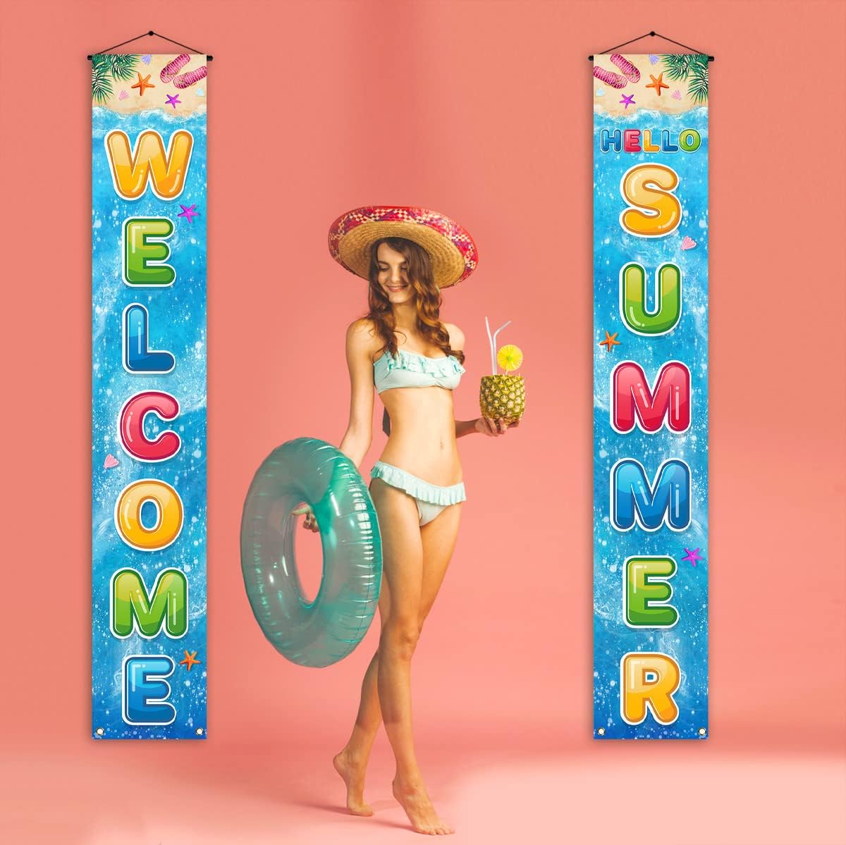 Welcome Hello Summer Porch Banner Beach Hawaiian Themed Hanging Front Door Yard Outdoor Holiday Party Decoration