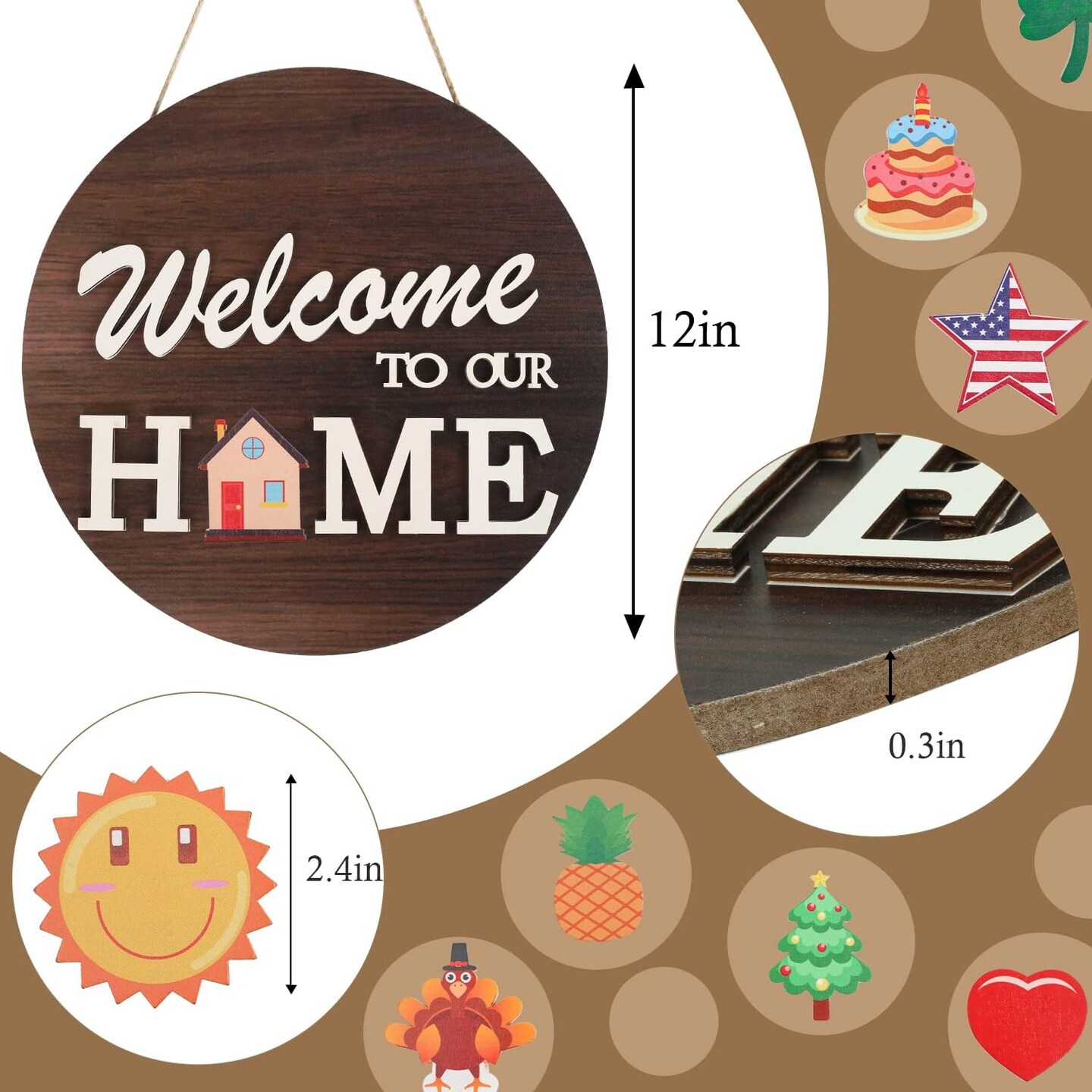 Interchangeable Welcome Sign for Front Door with 4 Seasonal Wreaths and 14 Changeable Icons, Farmhouse Front Door Signs, Door Decoration Porch Decor, Seasonal Wooden Home Sign home d&#xE9;cor (6wood)