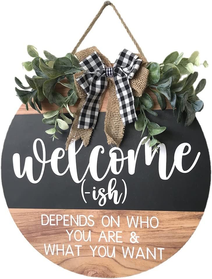 Welcome Sign Front for Door Decoration, 12 in Round Wood Wreaths Wall Hanging Outdoor, Farmhouse, Porch, for Summer Fall All Seasons Holiday Christmas