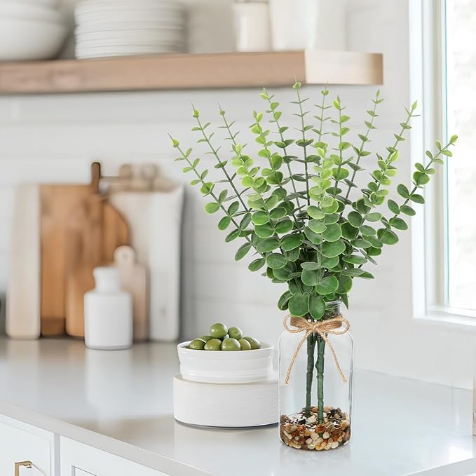 Artificial Eucalyptus Stems in Glass Vase with Faux Water and Stones, 15.7" Fake Plants Eucalyptus Leaves Branch for Indoor Shelf Desk Home Bathroom Wedding Table Centerpiece Decor