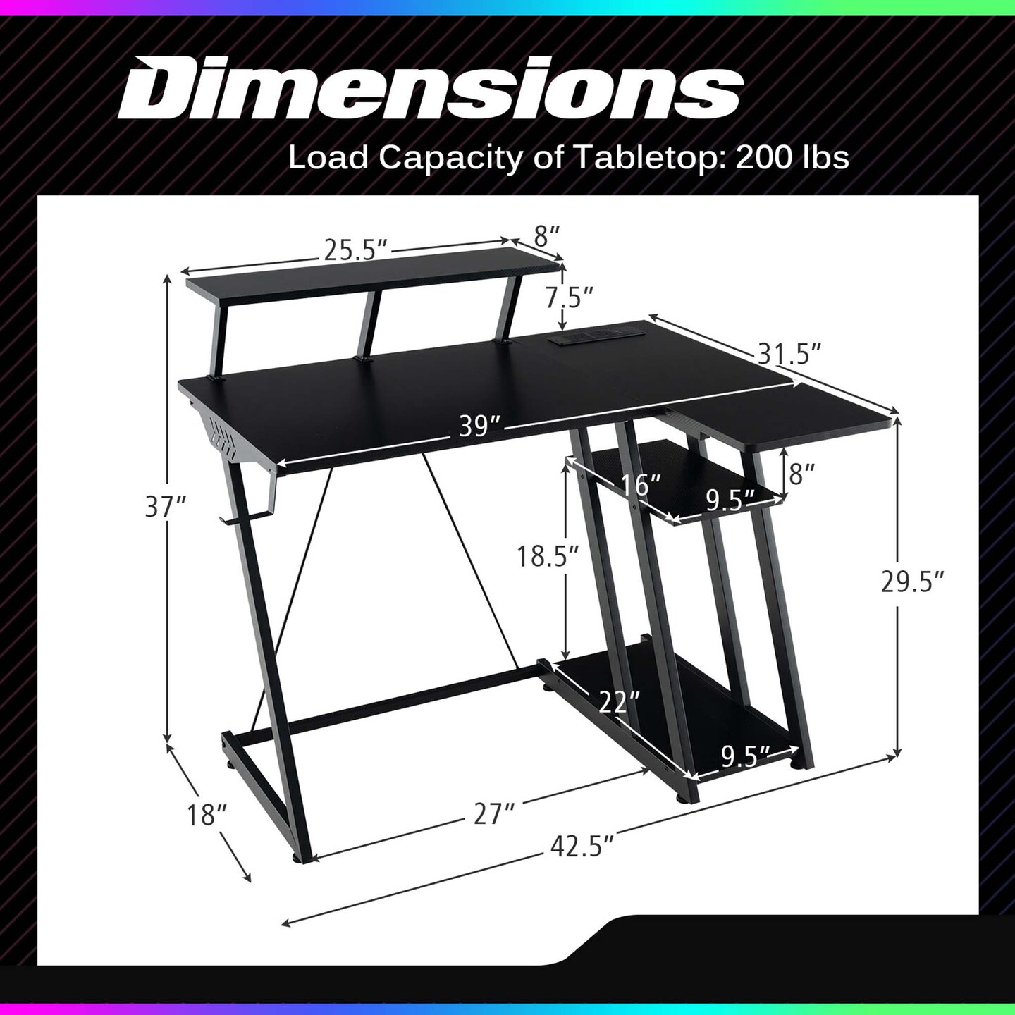 Costway L Shaped Gaming Desk with Outlets & USB Ports Monitor Shelf Headphone Hook Black/White/Pink