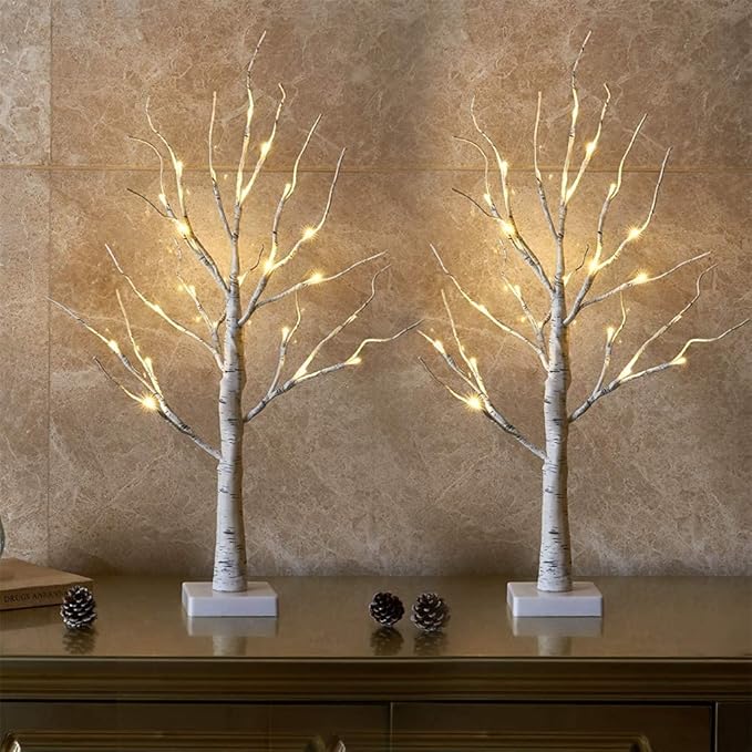 Lighted Birch Tree Home Decor, Christmas Decorations Indoor 2Pack 24 LED Light Up Tabletop Mini Small Artificial White Trees Lamp with Lights Battery Operated/USB for Table Mantel (2FT)