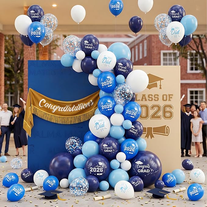 Graduation Balloons, 12 inch Navy Blue White Silver Graduate Balloons for Grad College High School Class of 2026 Congrats Grad Party Decorations