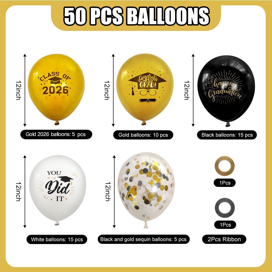 50 Pack Graduation Party Decorations Balloons Set - 12 Inch Graduation Balloons 2026 Black Gold Grad Balloon for Grad Party Decoration Supplies