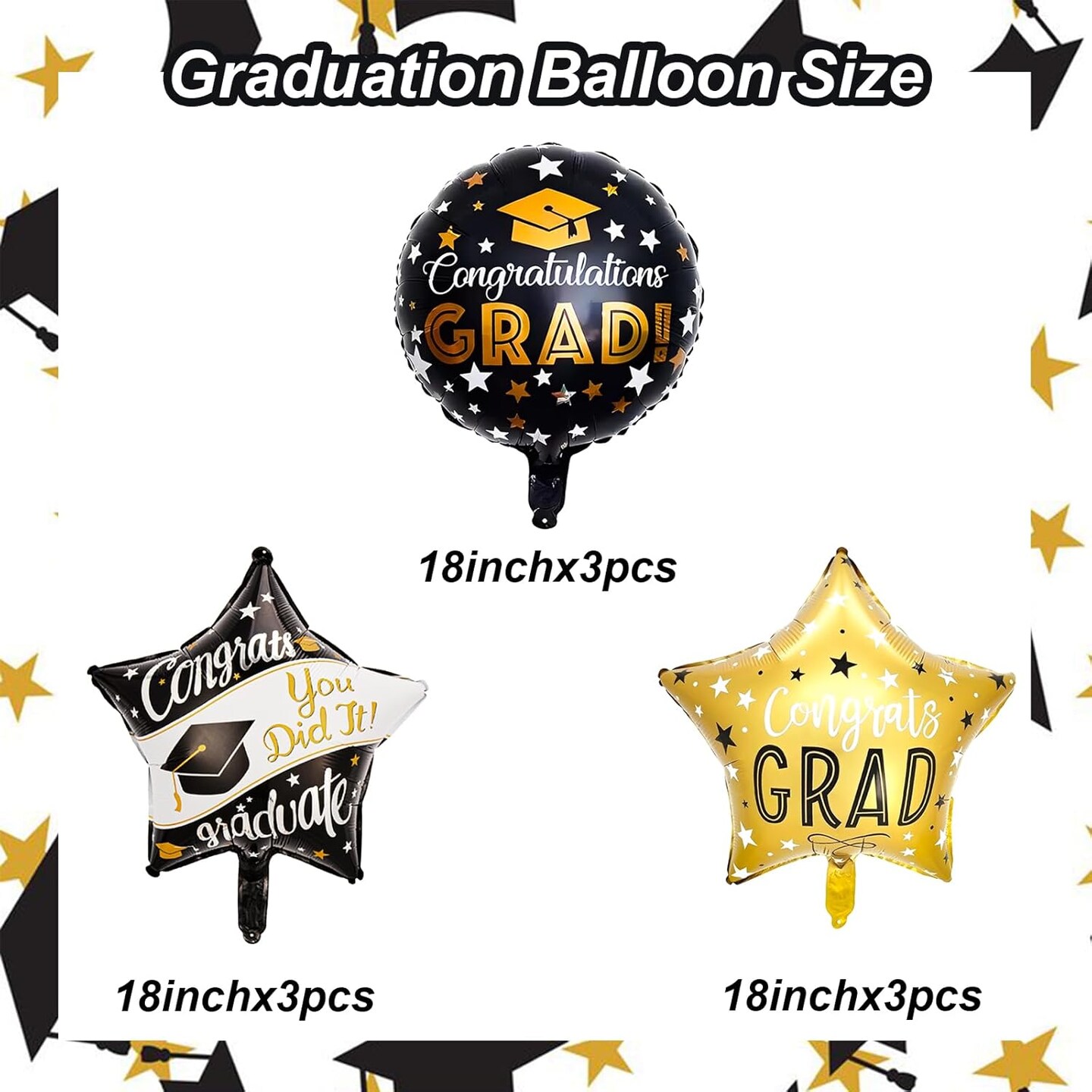 9 Pcs Black and Gold Graduation Foil Balloons - 18 Inch Star & Round Mylar Balloons for Class of 2026 - High School, College, and Preschool Congrats Grad Party Decorations