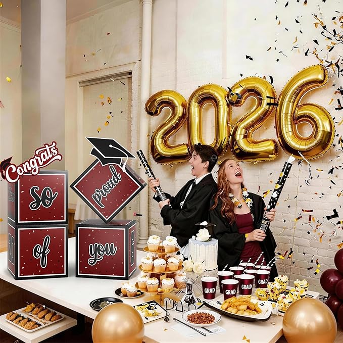2026 Graduation Decorations, 4Pcs Graduation Boxes, So Proud of You and Class of 2026 Grad Balloon Boxes, Black Red Congrats Box for College, High School, Prom Party Supplies