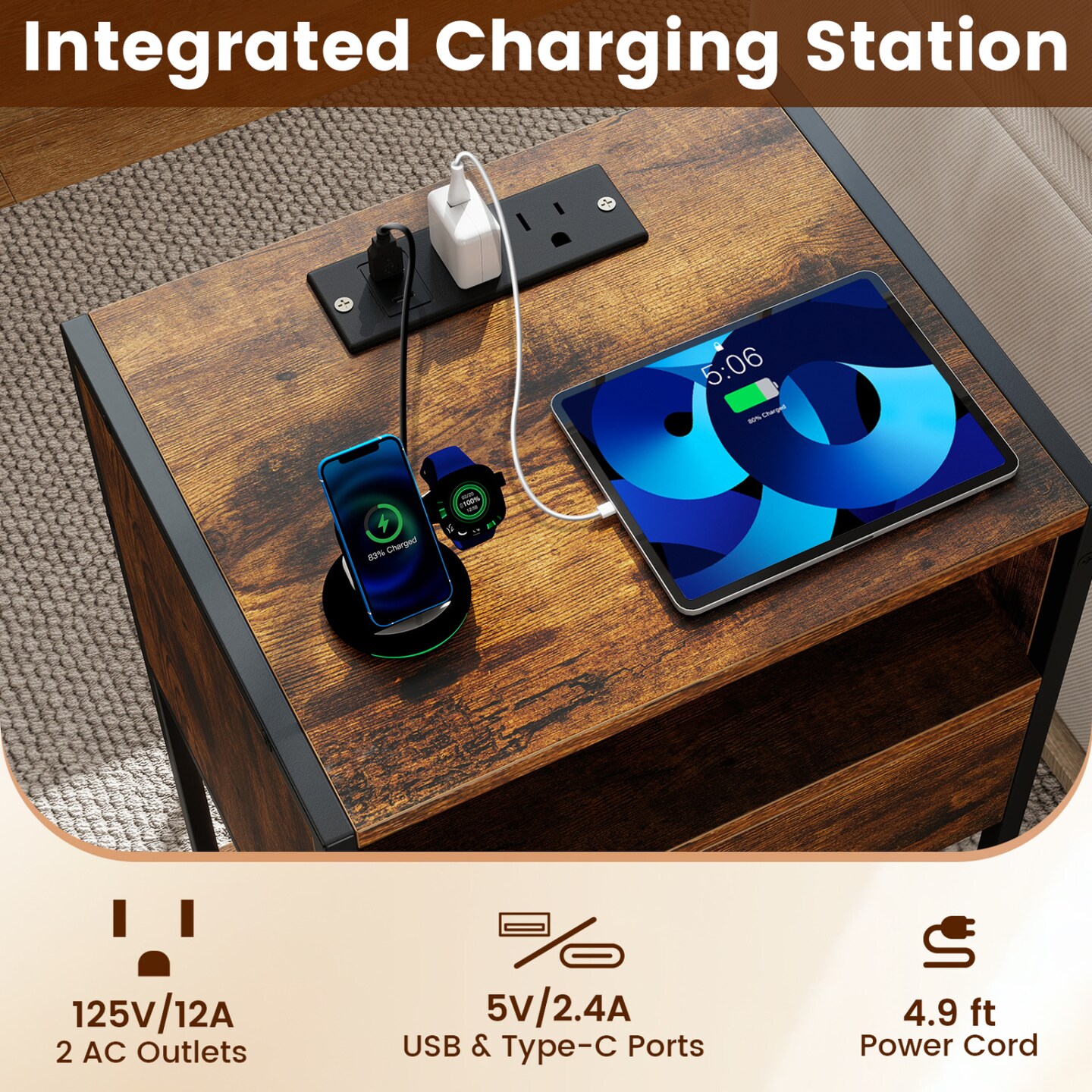 Modern Nightstand with Charging Ports, Drawer & Open Storage Shelf, Carbon Steel Frame Bedside Table with Cable Management for Bedroom Living Room