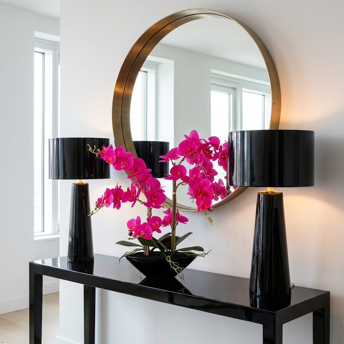 Fuchsia Phalaenopsis Orchid 20" with 6 Buds in Black Vase - Lifelike Silk Flower Arrangement for Elegant Home & Office Decor - Realistic Orchid Design, Floral Home by Artificial Flowers