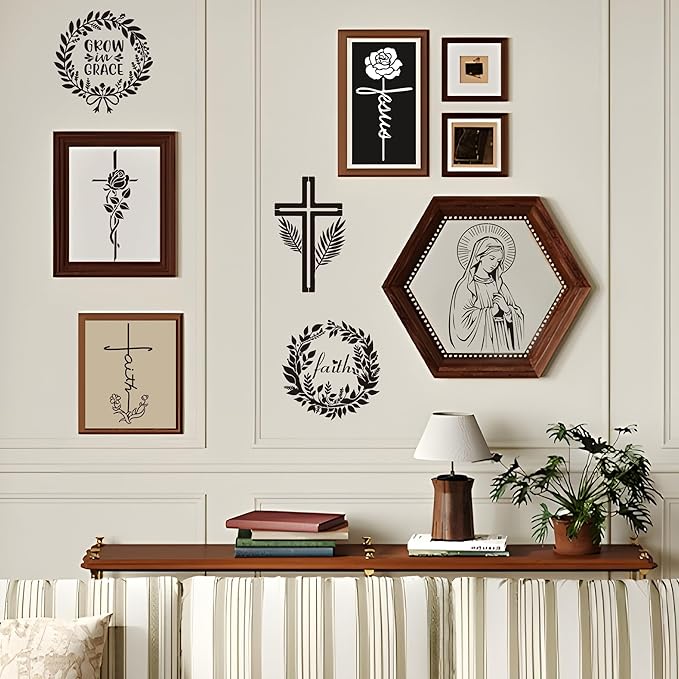 Religious Stencils for Crafts Reusable - 12 Pcs Chiristian Cross Inspirational Stencils for Wood Burning Wall Furniture Decor Drawing Template
