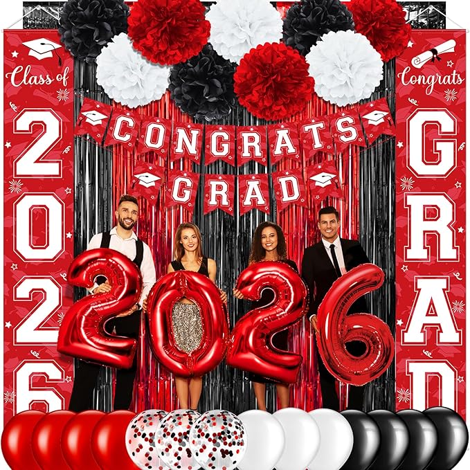 Graduation Party Decorations Class of 2026, Graduation Decorations with Congrats Grad Banner Fringe Foil Curtain Paper Flower Ball Balloons for High School College Grad Party Supplies, Red