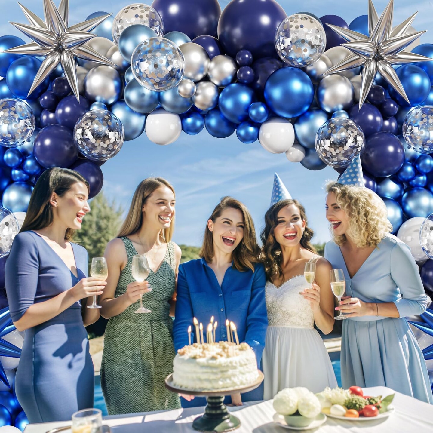 140PCS Blue White Silver Balloon Garland Arch Kit – Navy Metallic Blue, Silver & Confetti Balloons with Star Foils for Birthday, Wedding, Graduation, Bridal Shower & Party Decorations